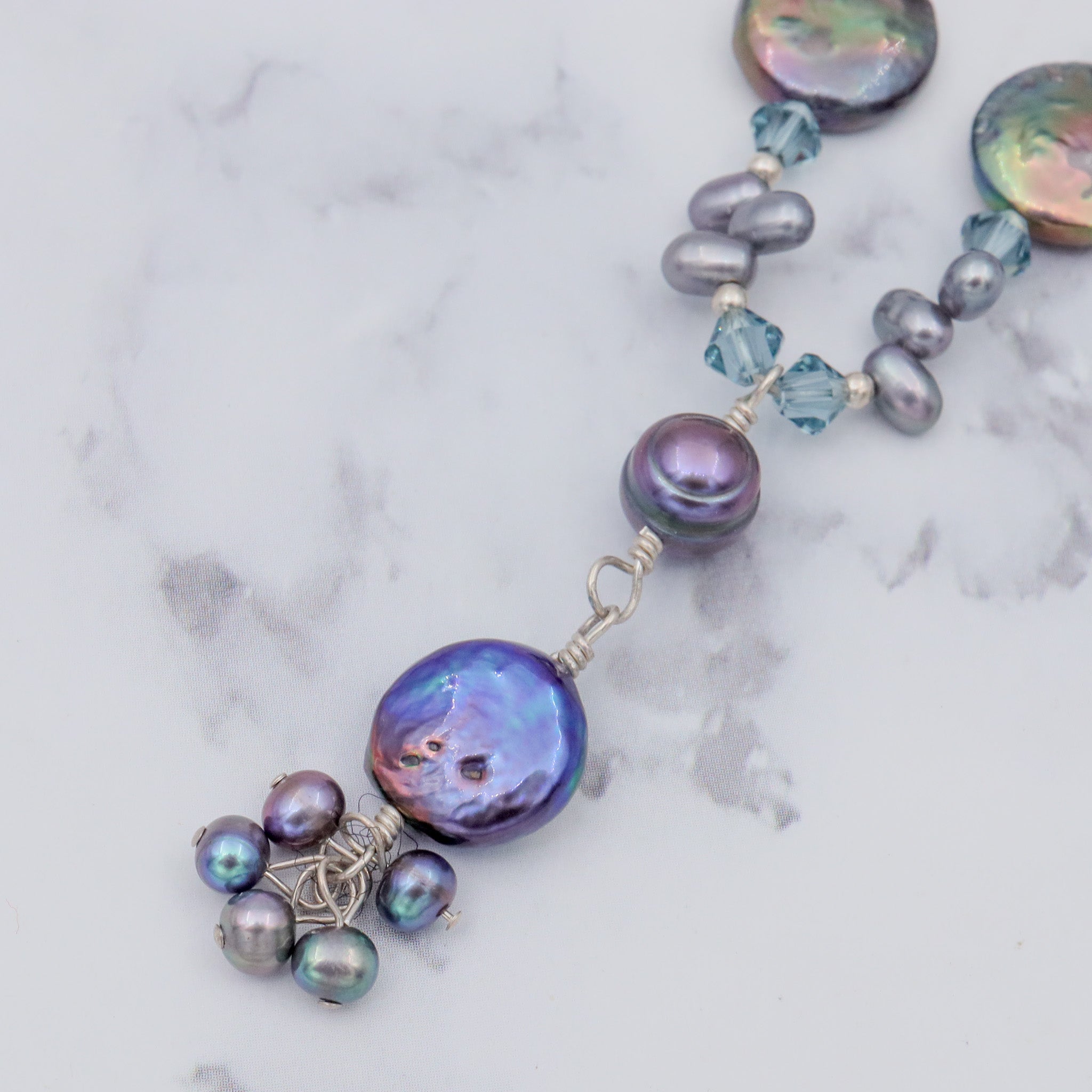 Vintage sterling blue, grey Tahitian pearl & faceted blue glass beaded drop necklace, 17"